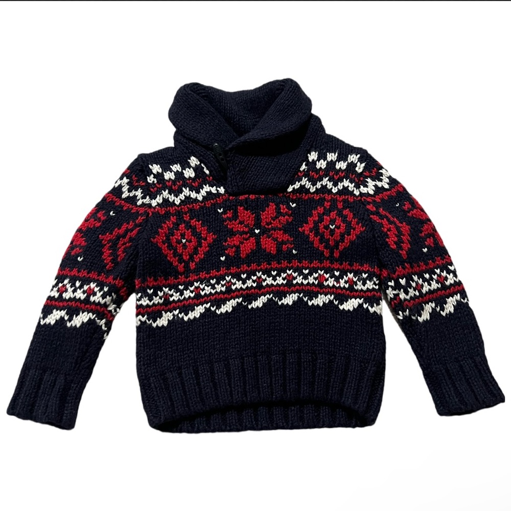 Polo by Ralph Lauren Navy Red White Fair Isle Shawl Collar Sweater